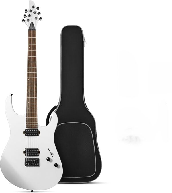 61eDgd+aPIL._AC_SL1500_ Electric Guitar, Matte Finish 39 Inch Metal Electric Guitar Beginner Kits with Bag, Strings, Strap, Cable, Strings Dampener for Rock Music Lover, (Matte White)