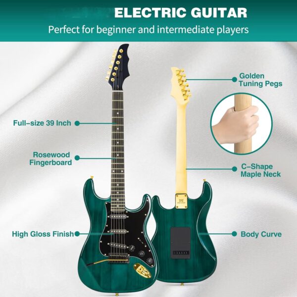 Electric Guitar Kit with 25W Amplifier, 39 Inch Full Size Solid Wood Electric Guitar Beginner Kits, Gig Bag, Digital Tuner, Capo, Strap, Cable, Picks, Birthday Holiday Gifts OEM